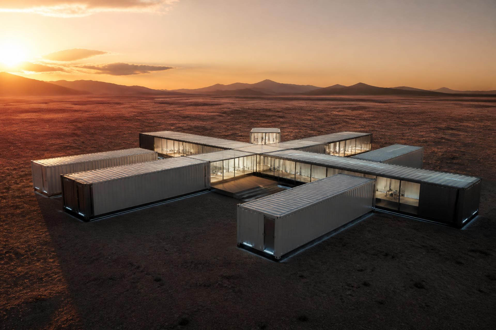 Modular hospital container complex deployed in desert at dusk